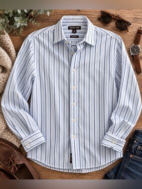 Michael Kors Blue White Striped Tailored Fit Button Down Shirt M 100% Cotton